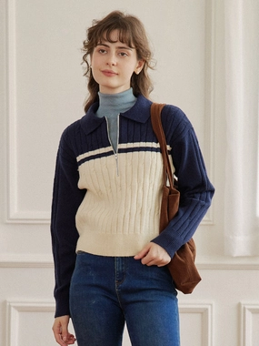 ??FINAL SALE??Lyla Polo Cable Blue Knit Sweater Breathable Texture