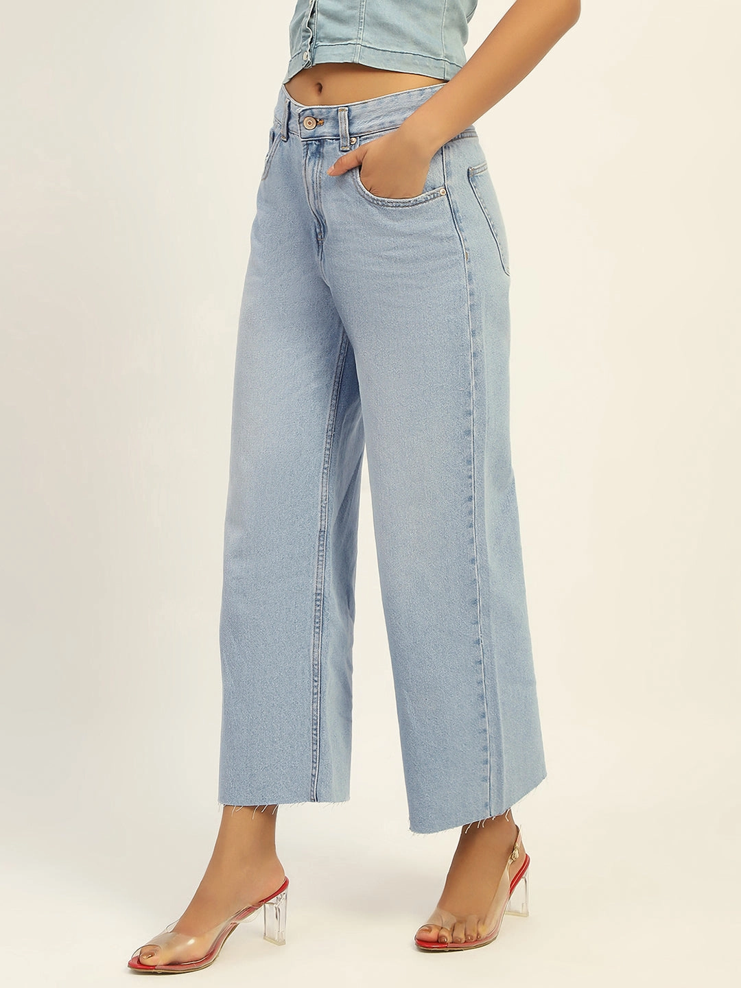 Smooth Loose Versatile Madame Mid Rise Solid Ice Blue Jeans