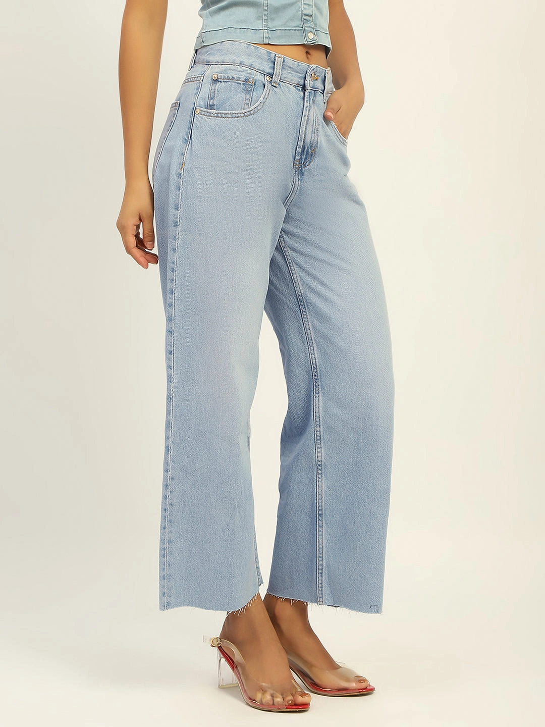 Selvedge Denim Madame Mid Rise Solid Ice Blue Jeans