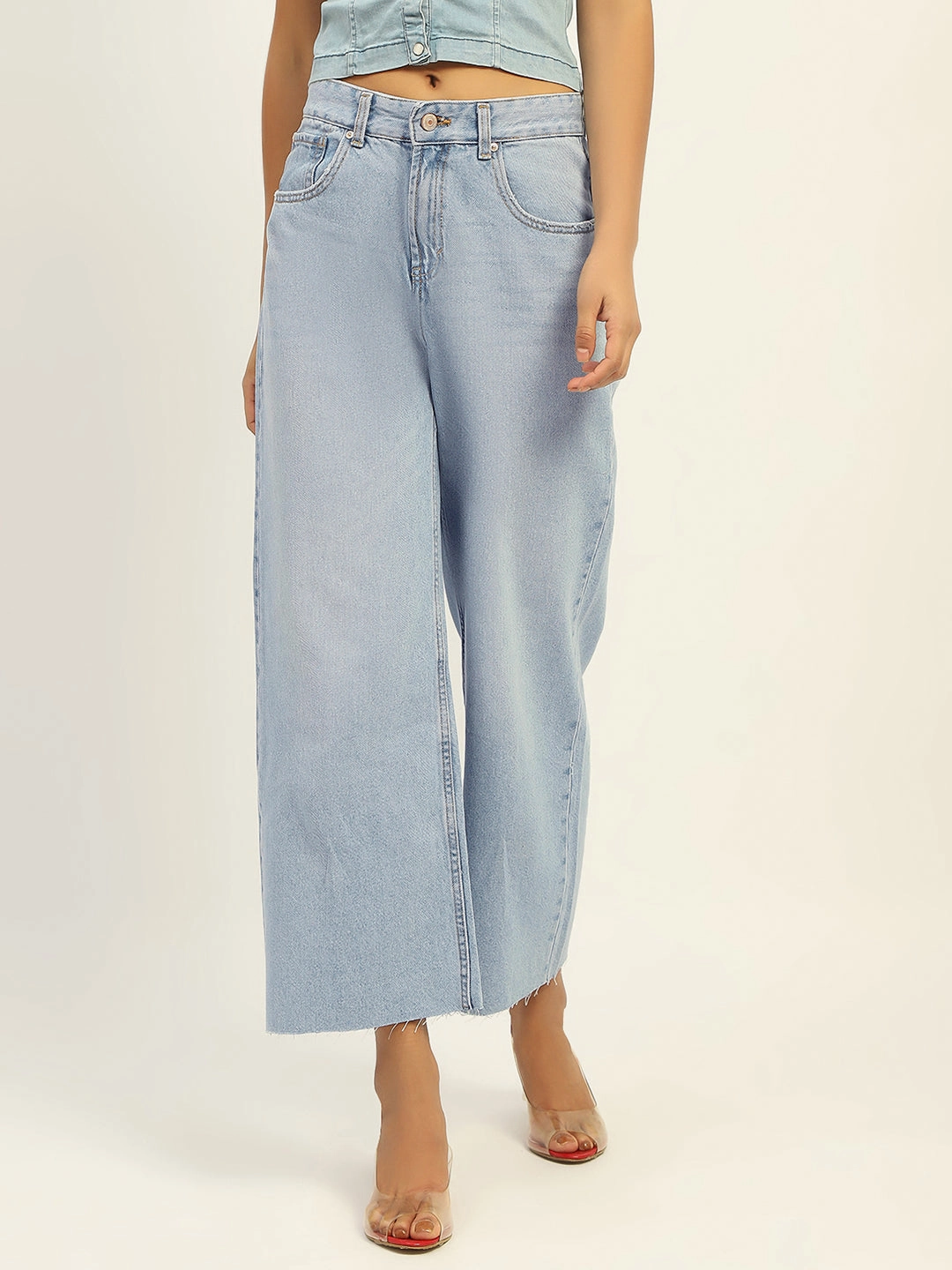 Madame Mid Rise Solid Ice Blue Jeans Casual Essentials Daily Basic
