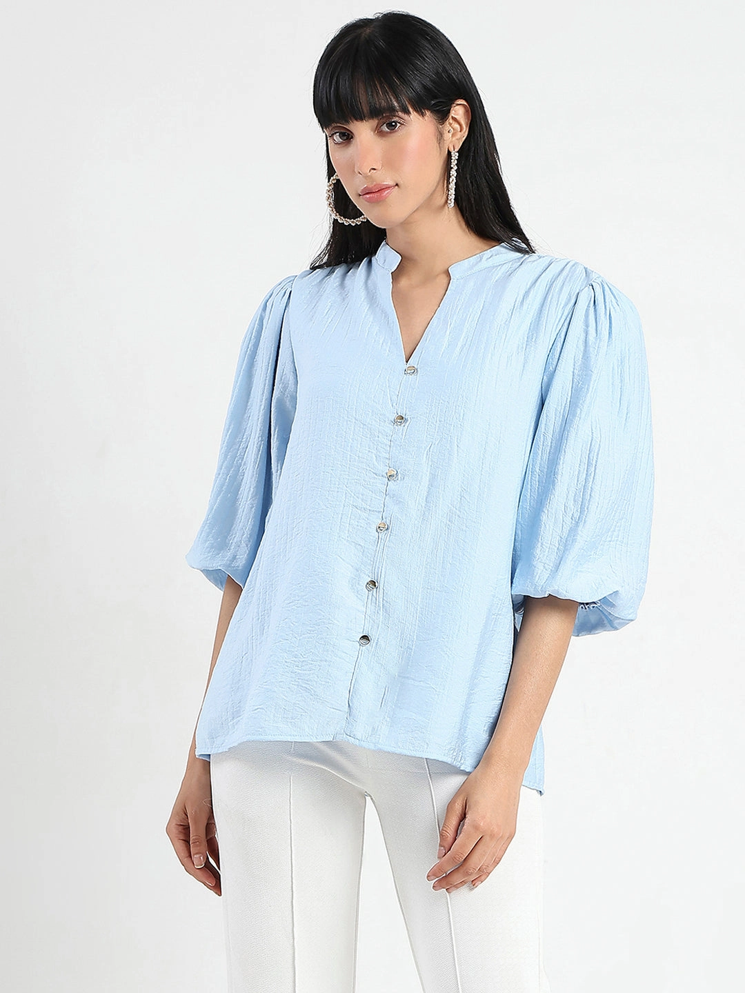 Stretch Technology Tear Resistant Madame Textured Ruffle Neck Rayon Blend Blue Top