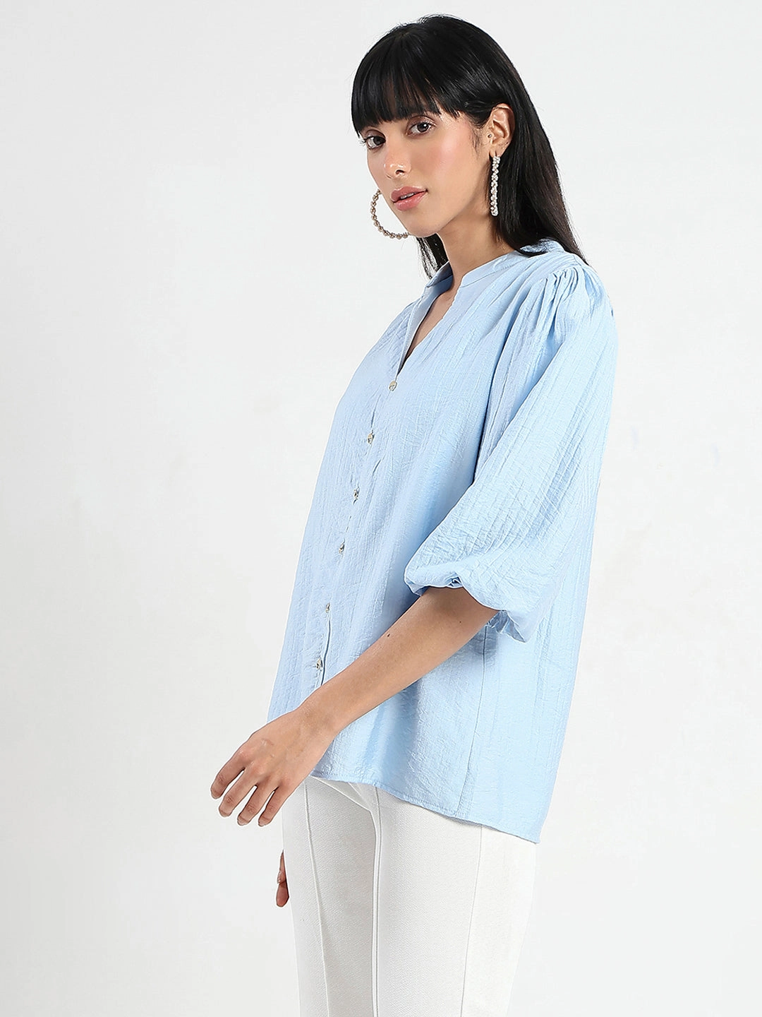 AntiSnagYarnProcessing AdjustableHem Madame Textured Ruffle Neck Rayon Blend Blue Top