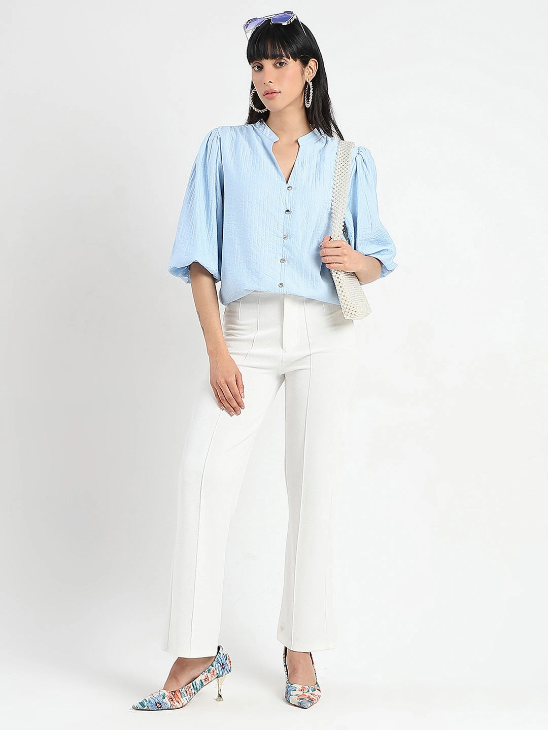 Madame Textured Ruffle Neck Rayon Blend Blue Top MultiDirectionalStretch