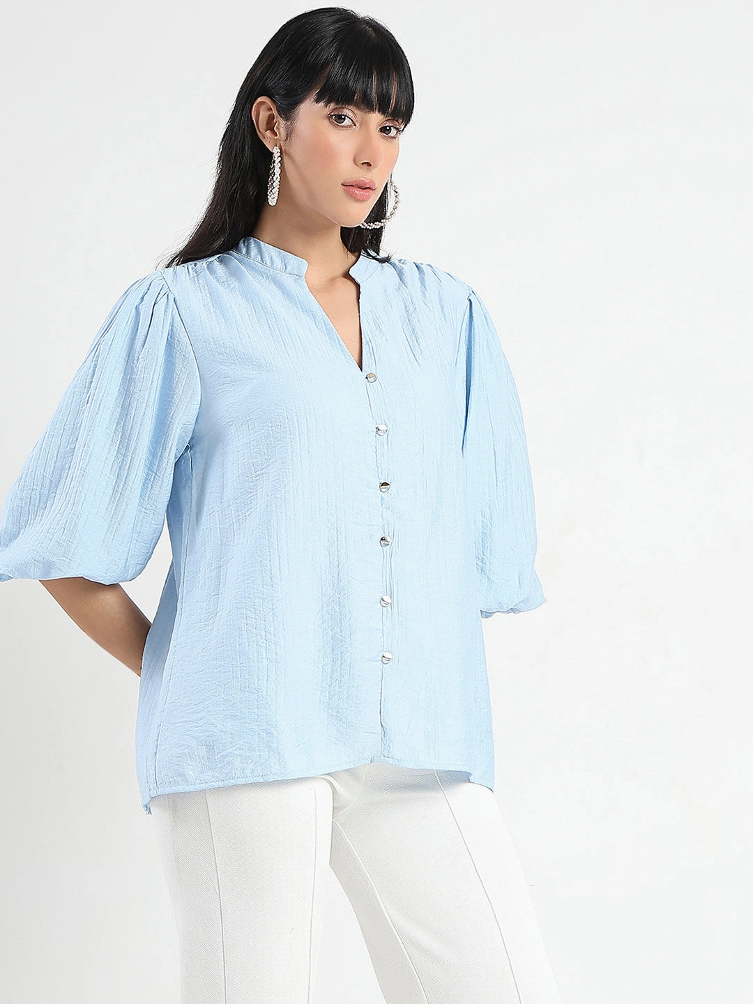 Madame Textured Ruffle Neck Rayon Blend Blue Top Brushed Microfiber Surface QuickReleaseFastenings