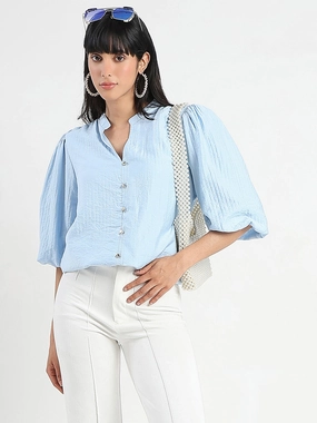 Madame Textured Ruffle Neck Rayon Blend Blue Top EcoCertified Material MidweightKnit