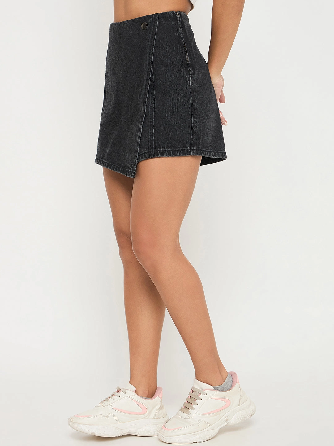 Artisanal Craft Madame Asymmetrical Wrap Built-in Shorts Black Denim Skirt