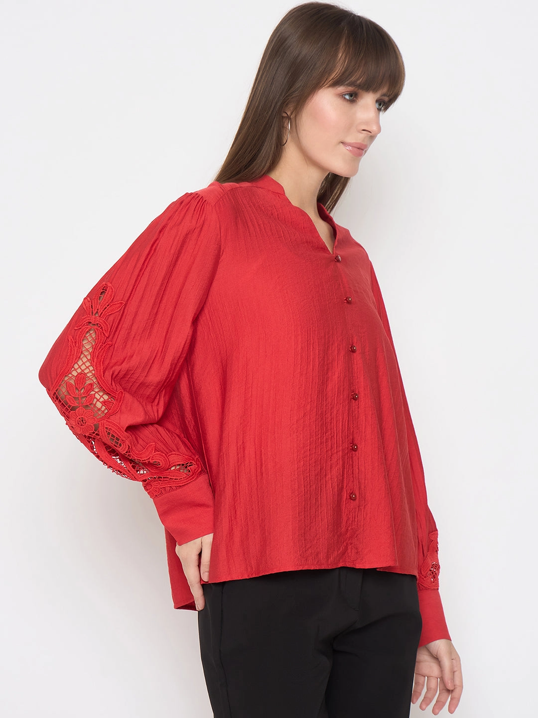 Interlock Stitching Brushed Inner Layer Madame Nylon Buttoned and Patched Red Top