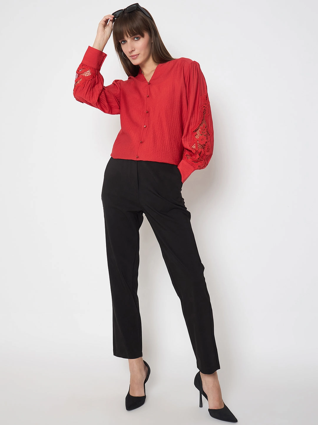 Fade Resistant Dye NonRestrictive Cut Madame Nylon Buttoned and Patched Red Top