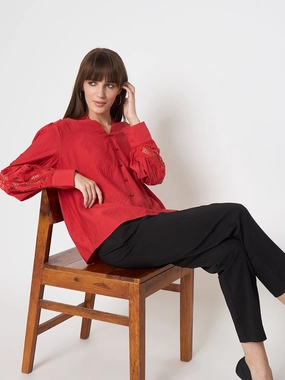 BuiltInLayer Madame Nylon Buttoned and Patched Red Top