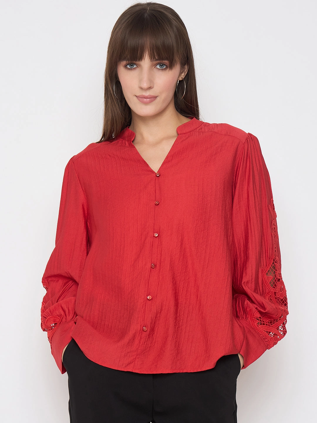 AirflowVents Madame Nylon Buttoned and Patched Red Top