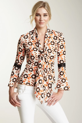 Lightweight Design Lace Sleeve Scarf Shirt - Orange Flower