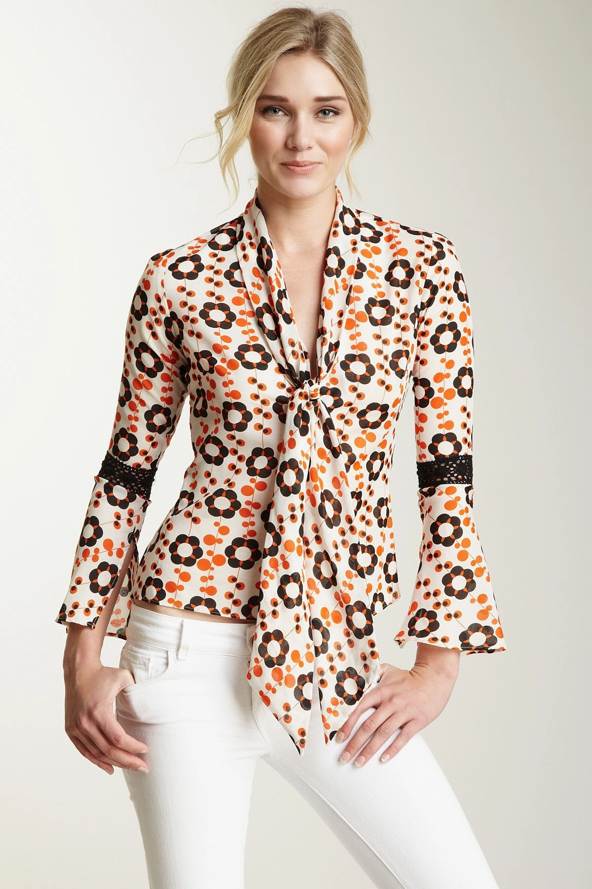 Relaxed Tee UltraLightweight Lace Sleeve Scarf Shirt - Orange Flower