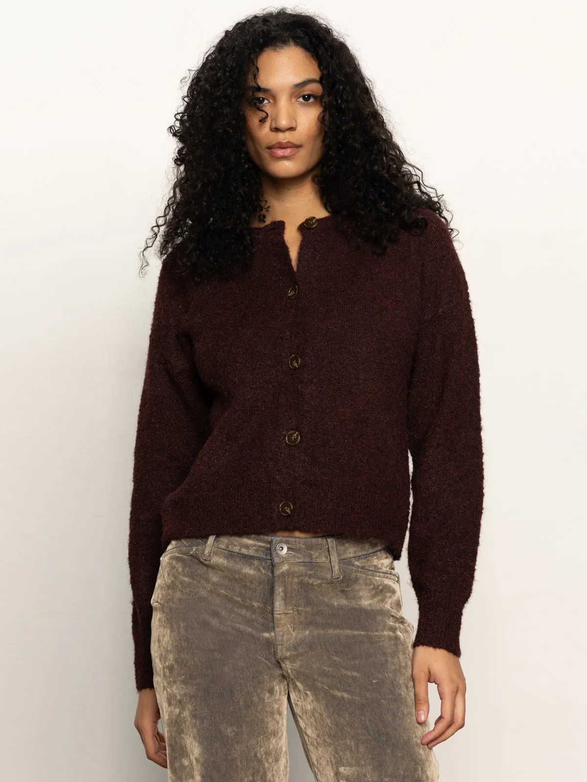 Boucle Cardi Dark Crimson Stretchable Material Thermochromic Color Shift Tech