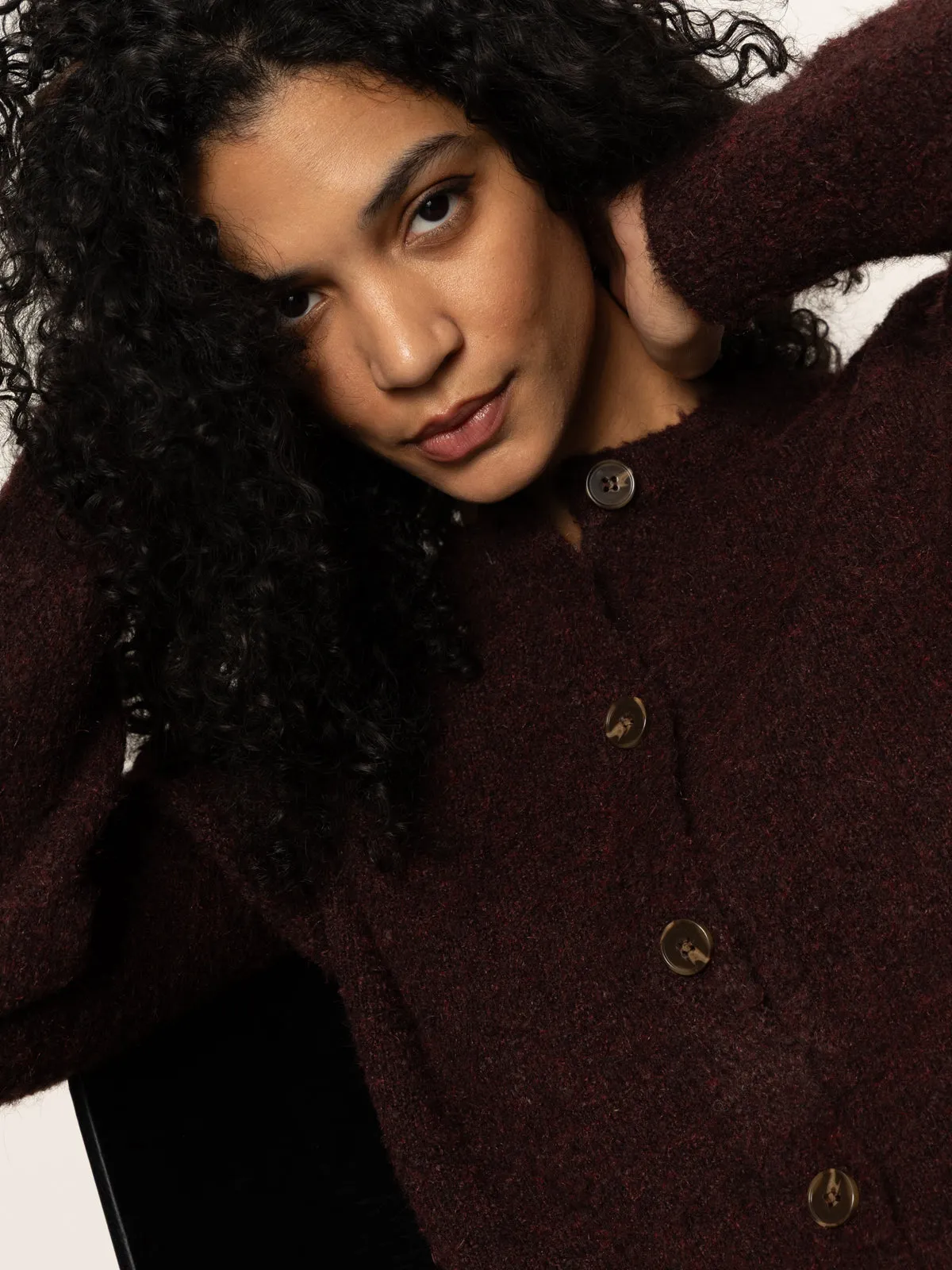 Boucle Cardi Dark Crimson Flatlock Stitching Technique Non Restrictive Mobility