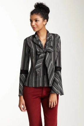 Lace Sleeve Scarf Shirt - Black / White Stripe Soft Touch Texture