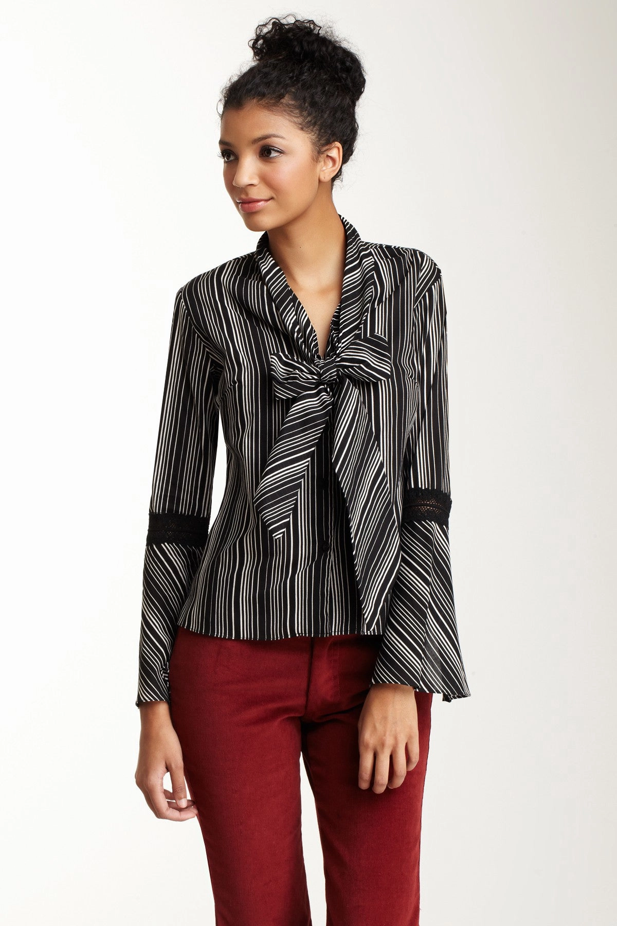 Elegant Blouse Lace Sleeve Scarf Shirt - Black / White Stripe
