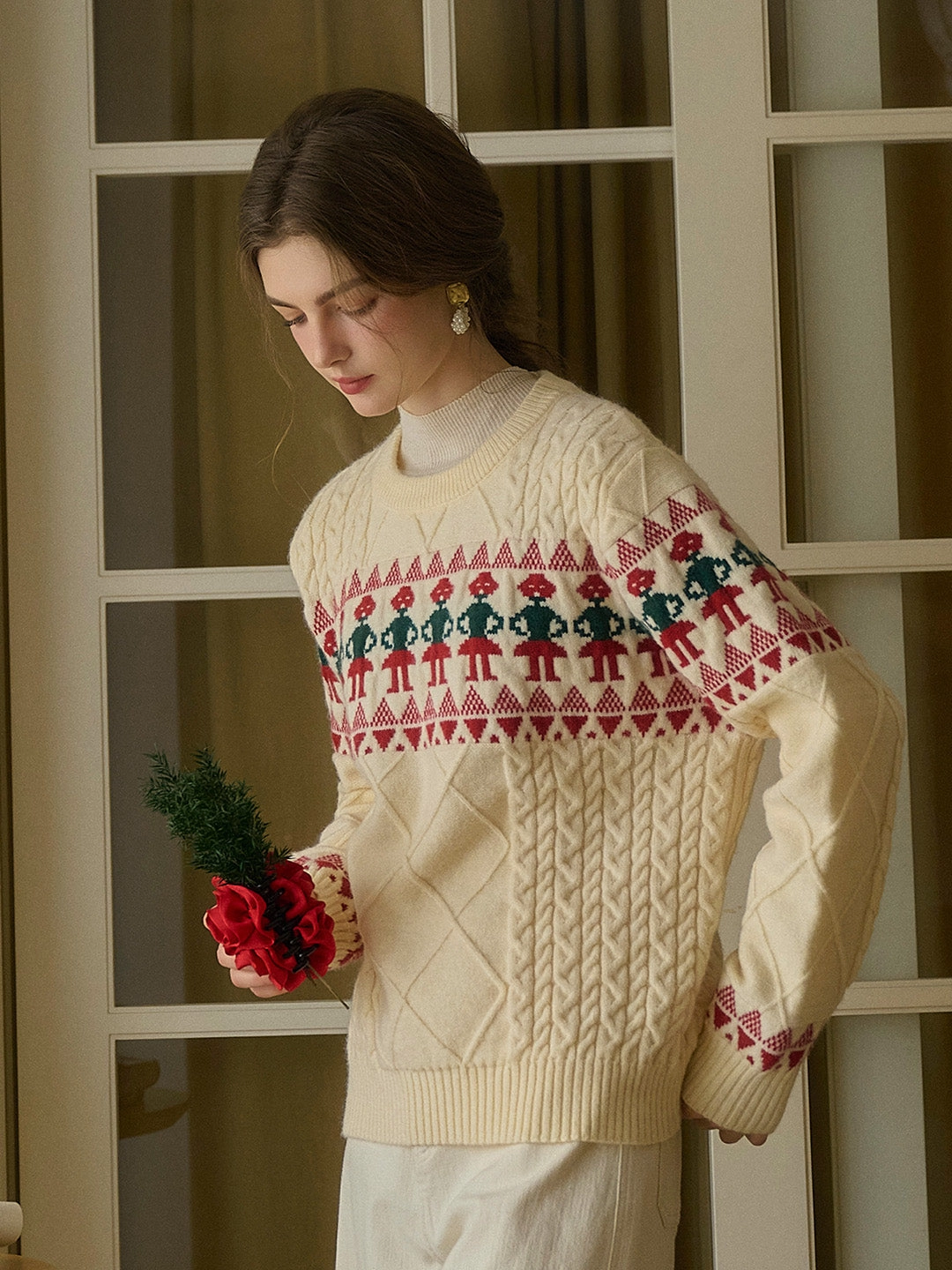 Clean Finish ??Final Sale??Alianna Fair Isle Ribbed Round Neck Christmas Pattern Knit Sweater