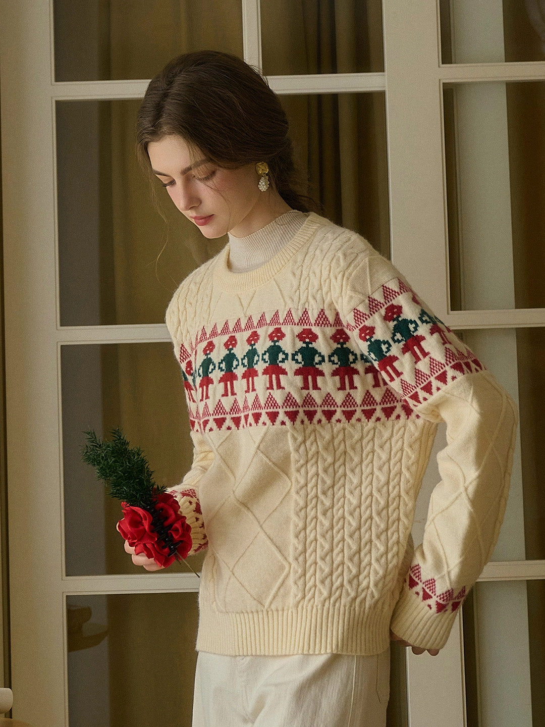 Layered Ventilation Design MoistureWicking Technology ??Final Sale??Alianna Fair Isle Ribbed Round Neck Christmas Pattern Knit Sweater