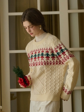 Clean Finish ??Final Sale??Alianna Fair Isle Ribbed Round Neck Christmas Pattern Knit Sweater