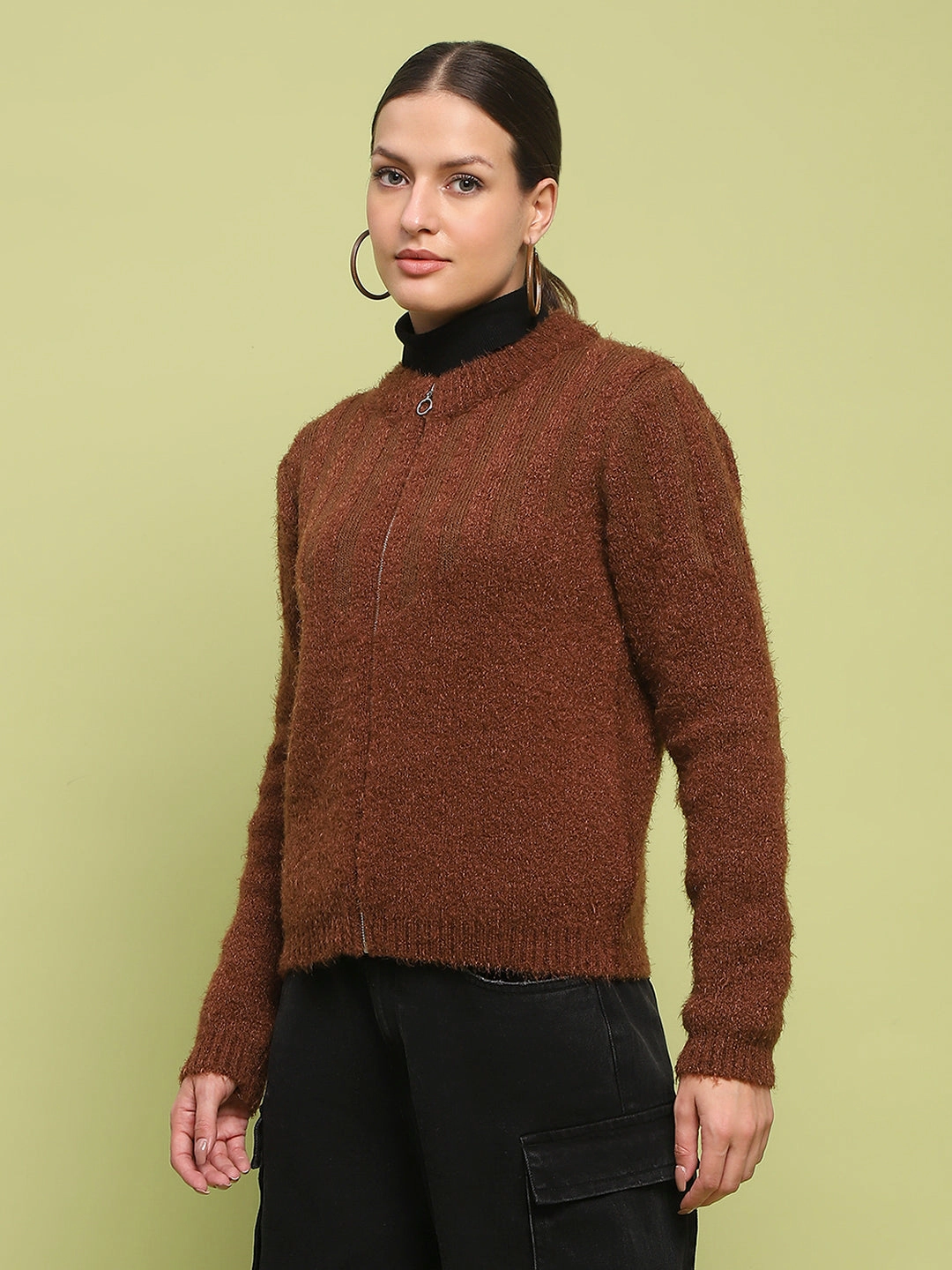 Madame Stripe Detailed Zipped Tan Sweater Outdoor Layers