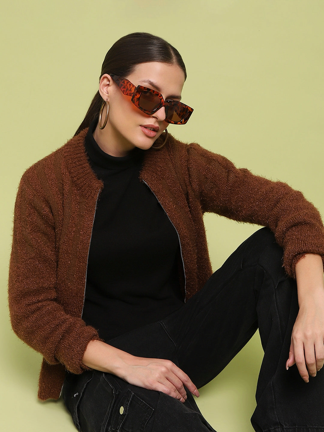 Cozy Layered Wear Madame Stripe Detailed Zipped Tan Sweater