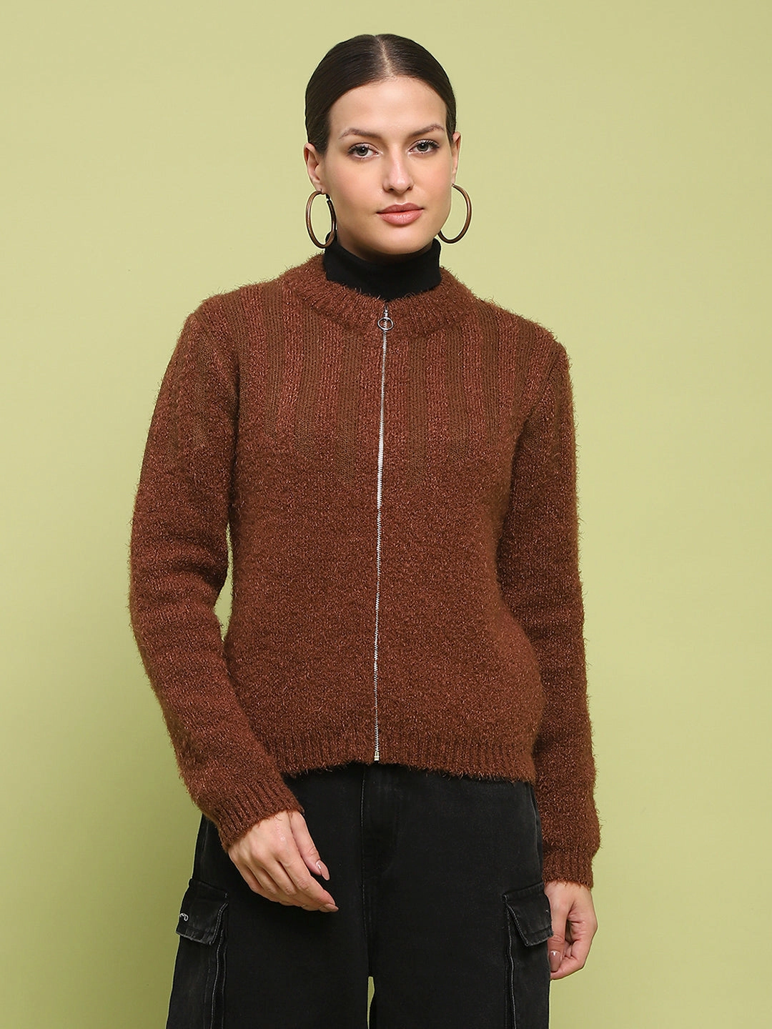 Madame Stripe Detailed Zipped Tan Sweater Sophisticated Knit