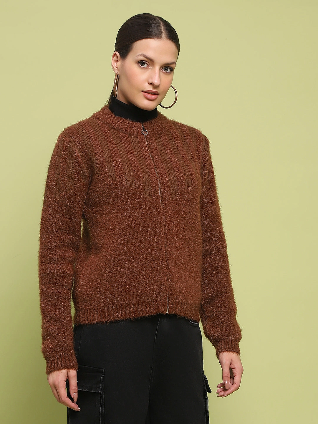 Madame Stripe Detailed Zipped Tan Sweater Wrinkle Free Material