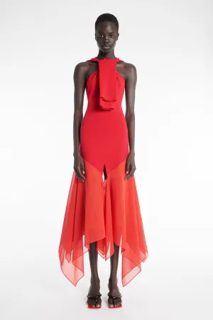 Knit Dress With Organza Inserts Red Clean Cut Easy Layering