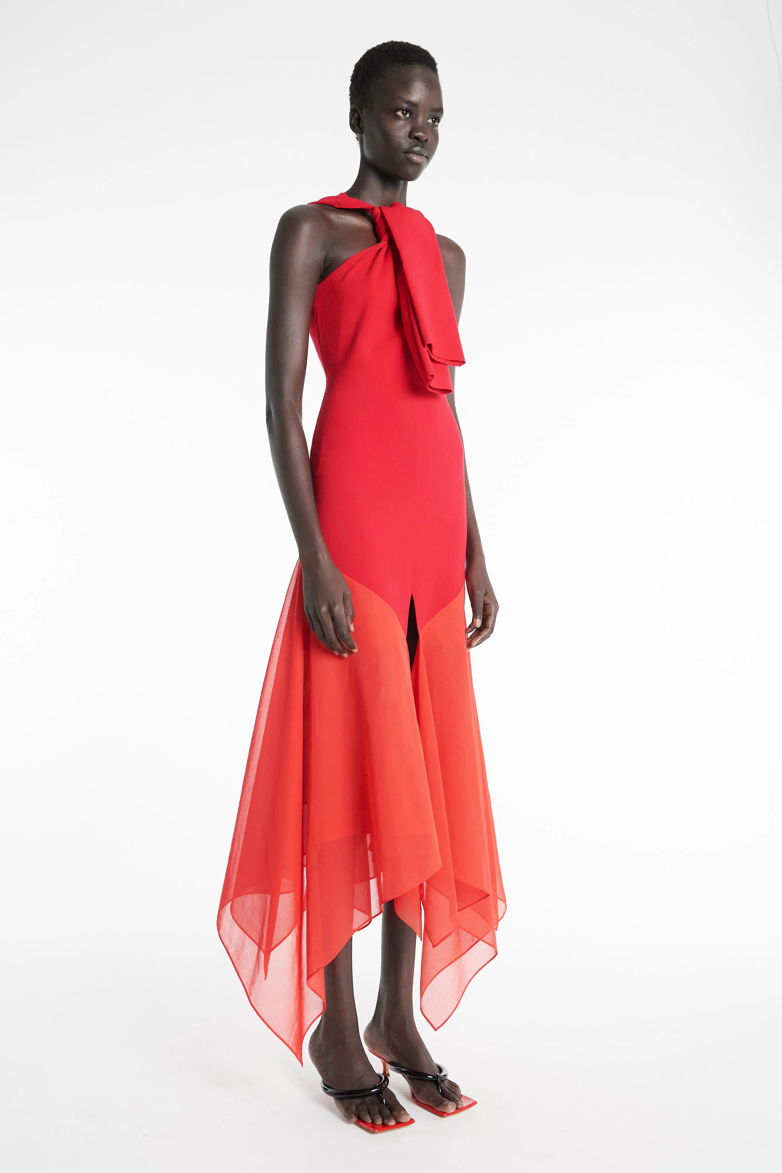 Knit Dress With Organza Inserts Red Daywear Mood Airy Feel