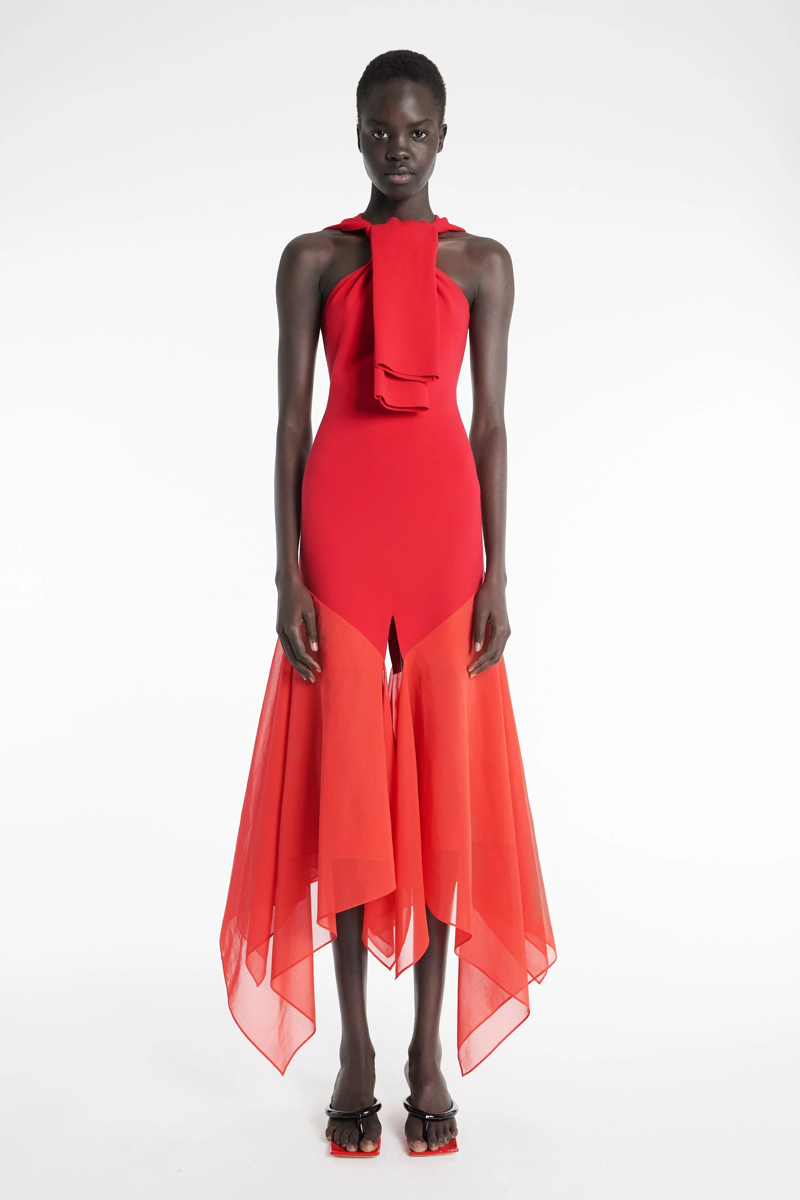 Knit Dress With Organza Inserts Red Clean Cut Easy Layering