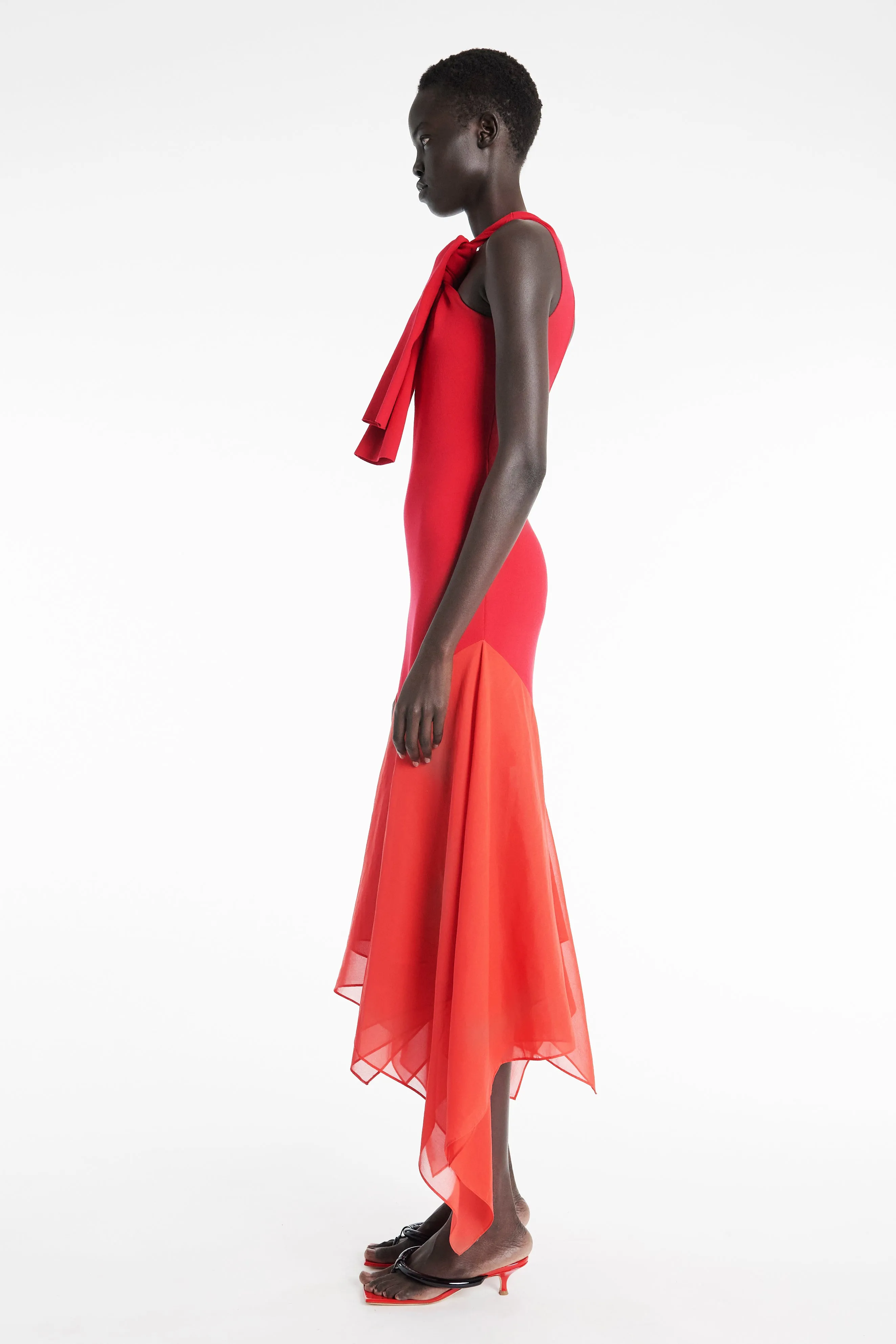Knit Dress With Organza Inserts Red Versatile Design Smart Waist Design