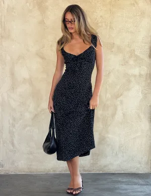 LOTTIE RUFFLE MIDI DRESS - BLACK POLKA Quick Layer