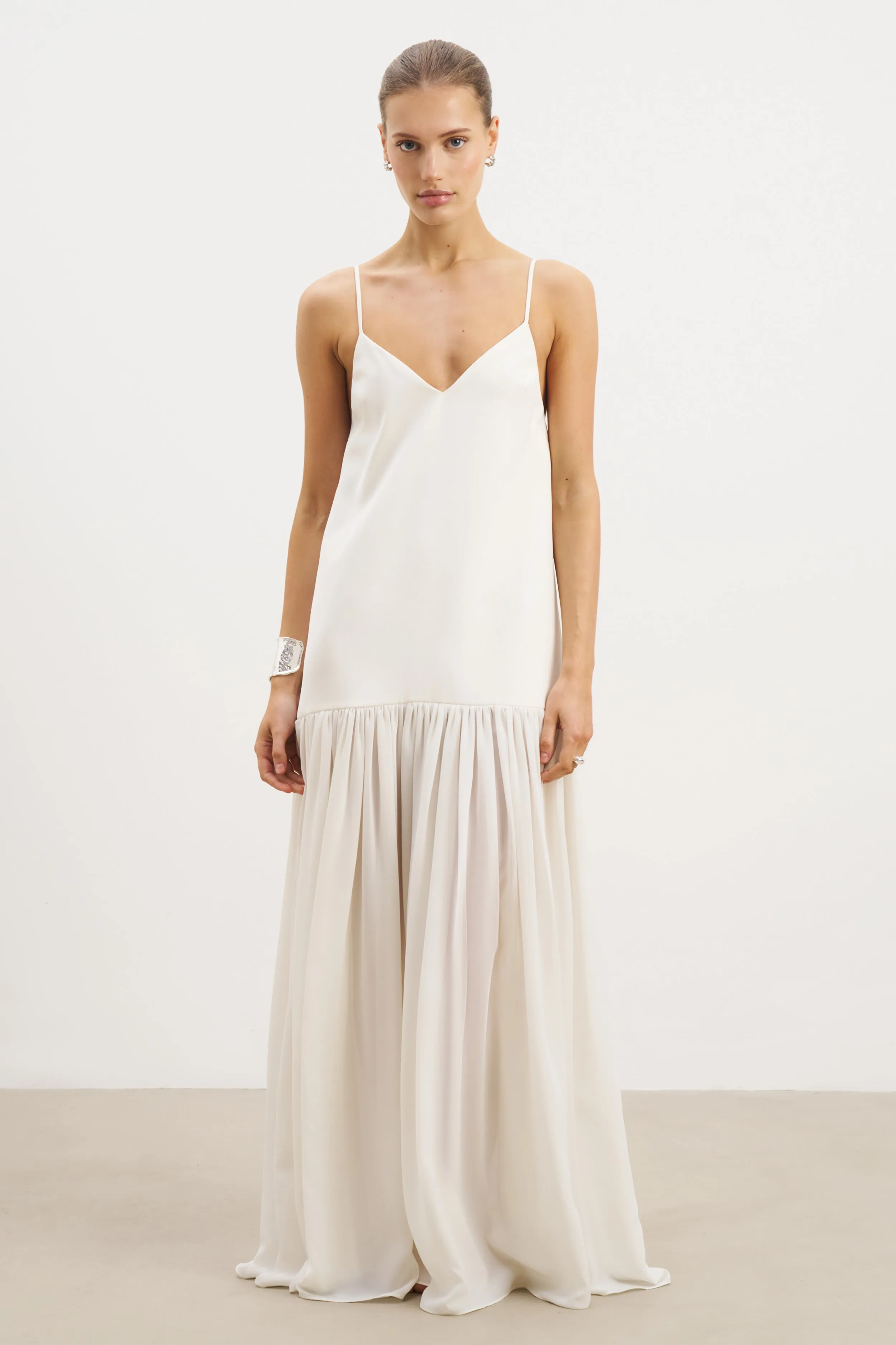 Flowing Dropped Waist Maxi Dress - Cream Embroidered-Sleeve