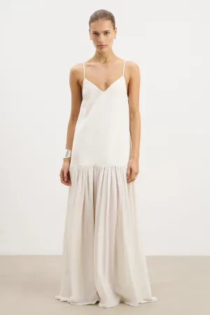Flowing Dropped Waist Maxi Dress - Cream Embroidered-Sleeve