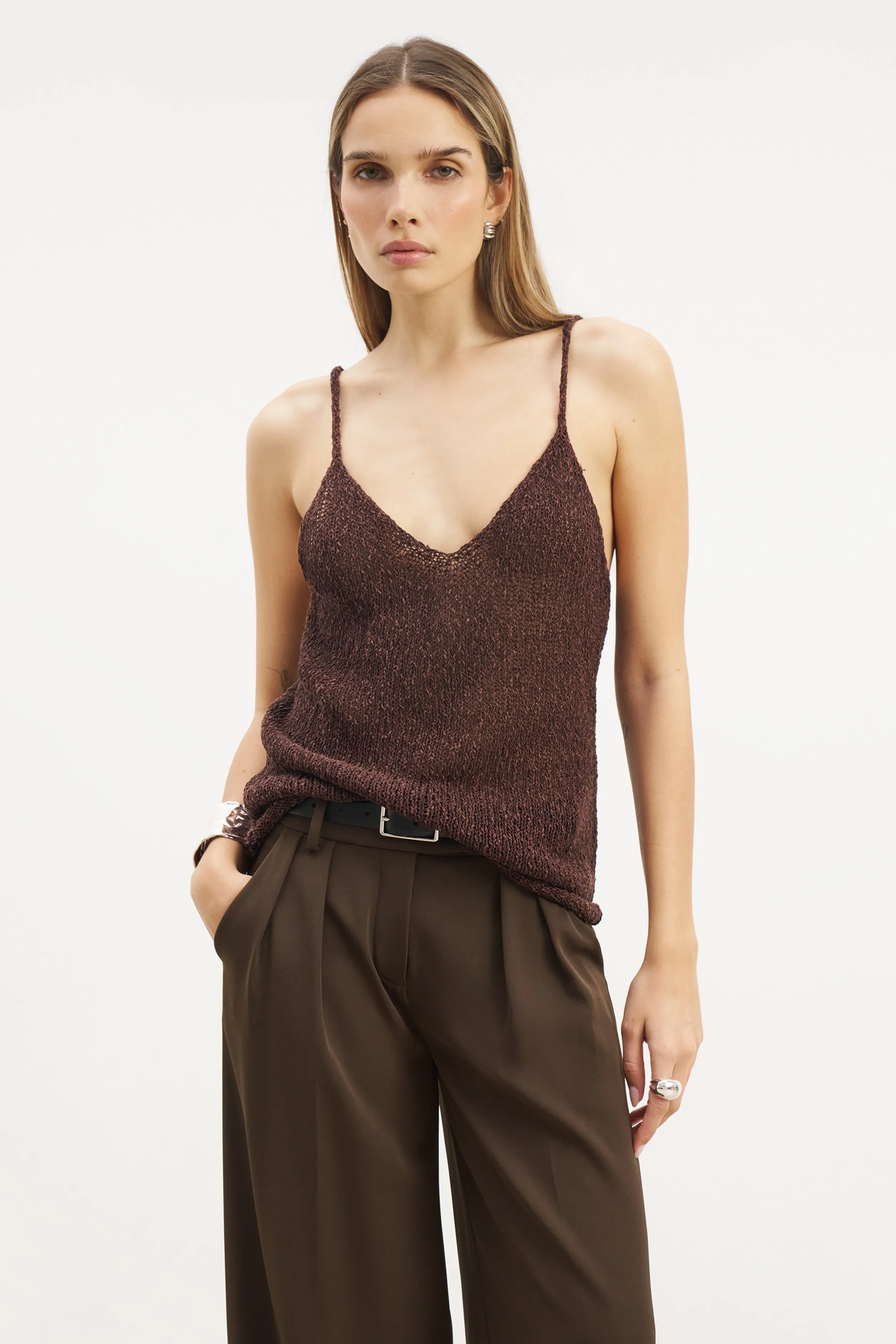Crochet Knit Plunging Cami Top - Carob Flexible Ribbed Cuffs