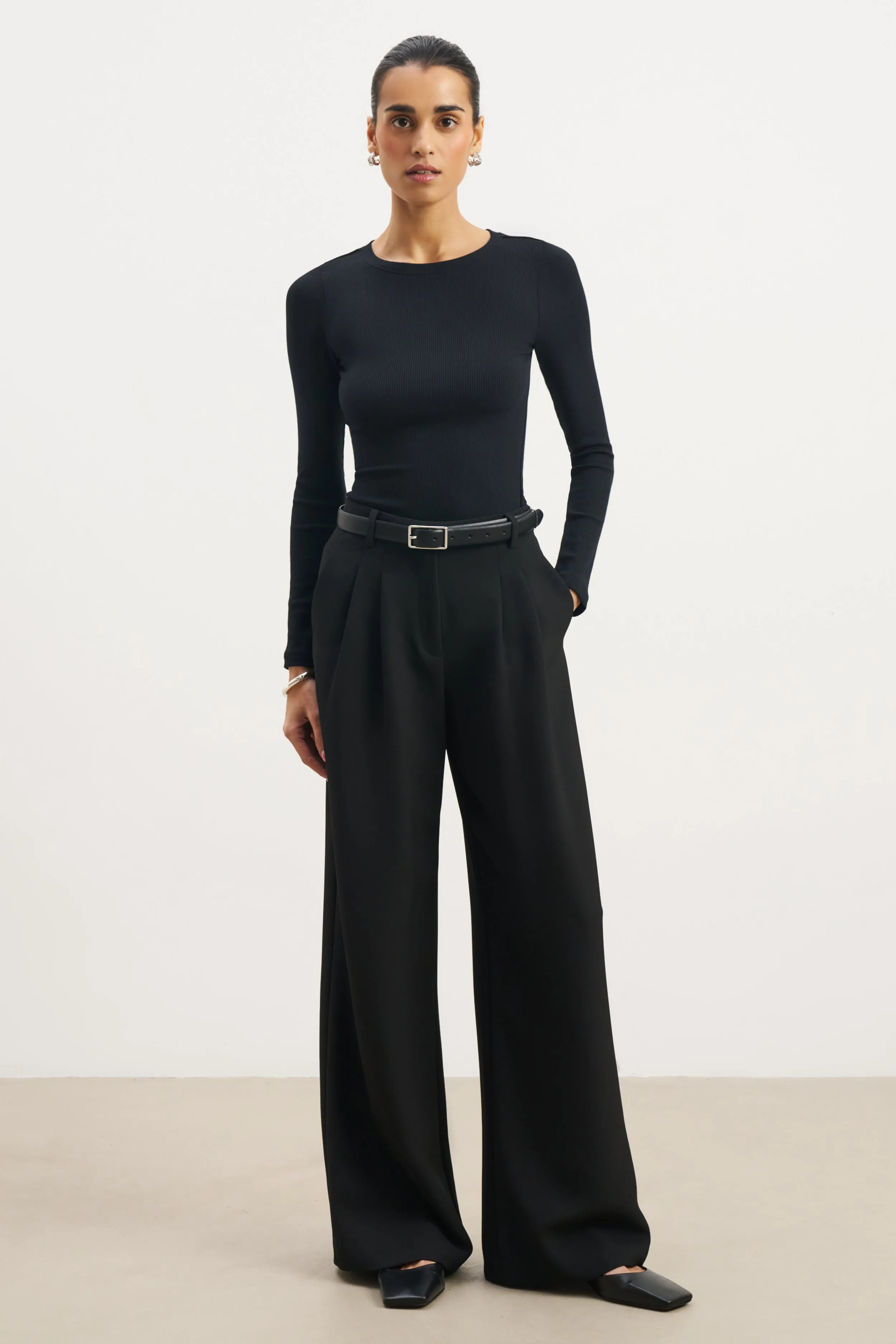 Soft Ribbed Long Sleeve Top - Black TwillWeave