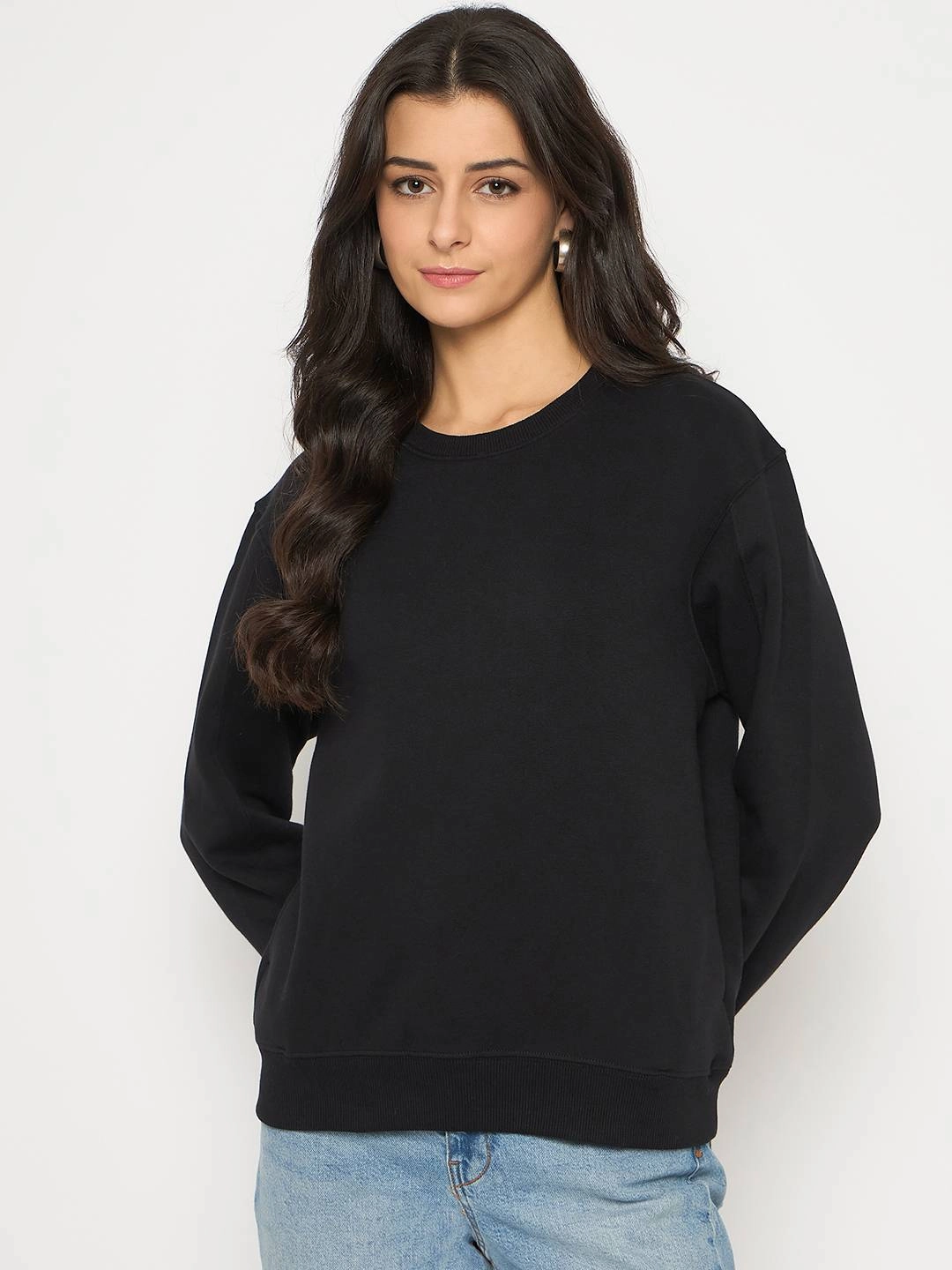Madame Cotton Blend Solid Black Sweatshirt Product improvement Designer