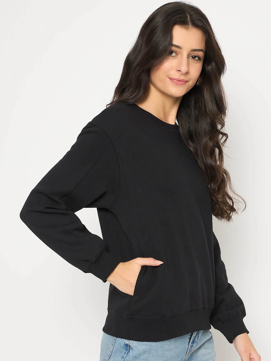 Madame Cotton Blend Solid Black Sweatshirt Essential Comfort ideal for birthdays