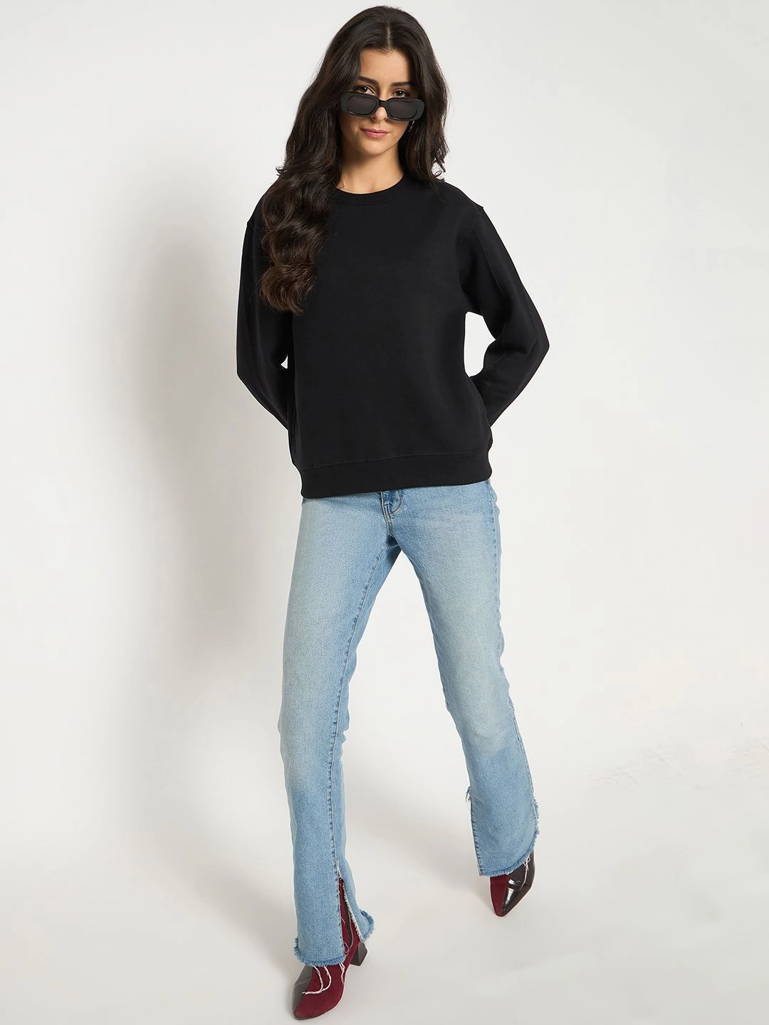 product gemstone luxury Madame Cotton Blend Solid Black Sweatshirt
