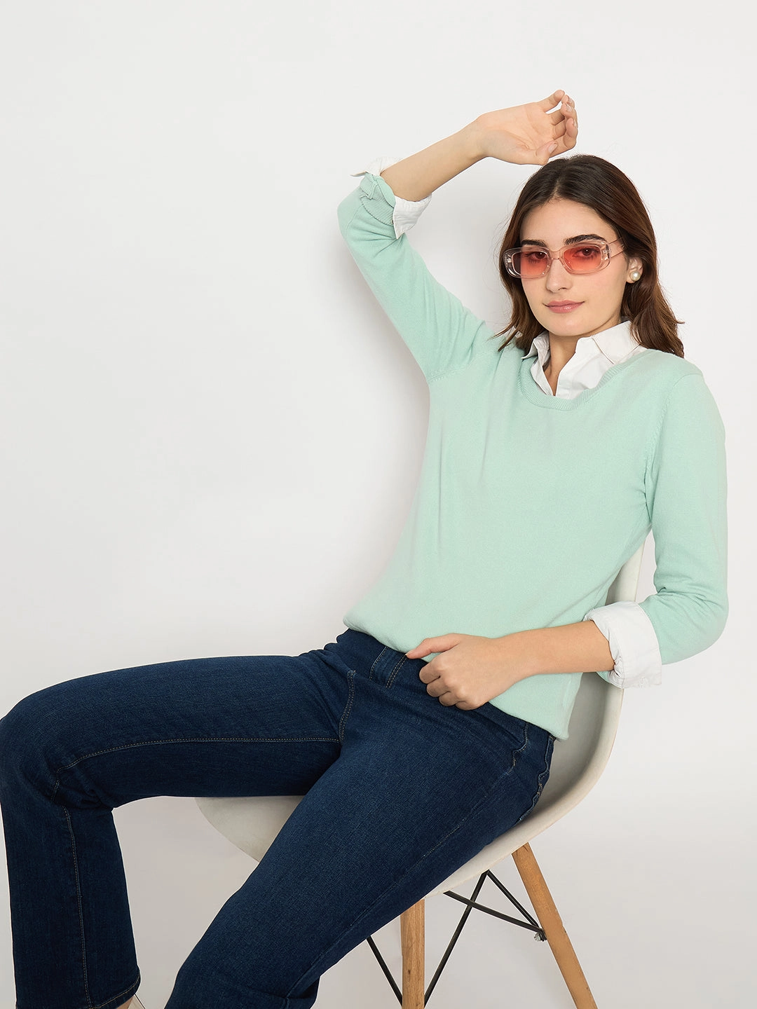 Madame Round Neck Ribbed Cuff Mint Green Sweater Everyday Cozy Lightweight Wear