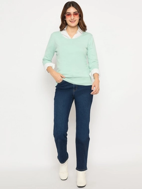 Perfect Layers Seasonal Comfort Madame Round Neck Ribbed Cuff Mint Green Sweater