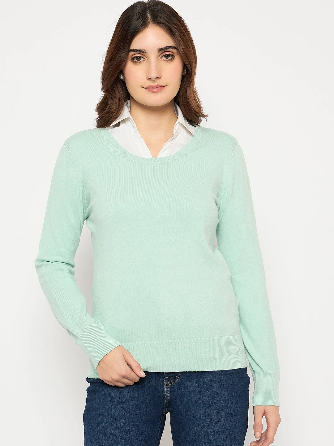 Warm Fashion Madame Round Neck Ribbed Cuff Mint Green Sweater