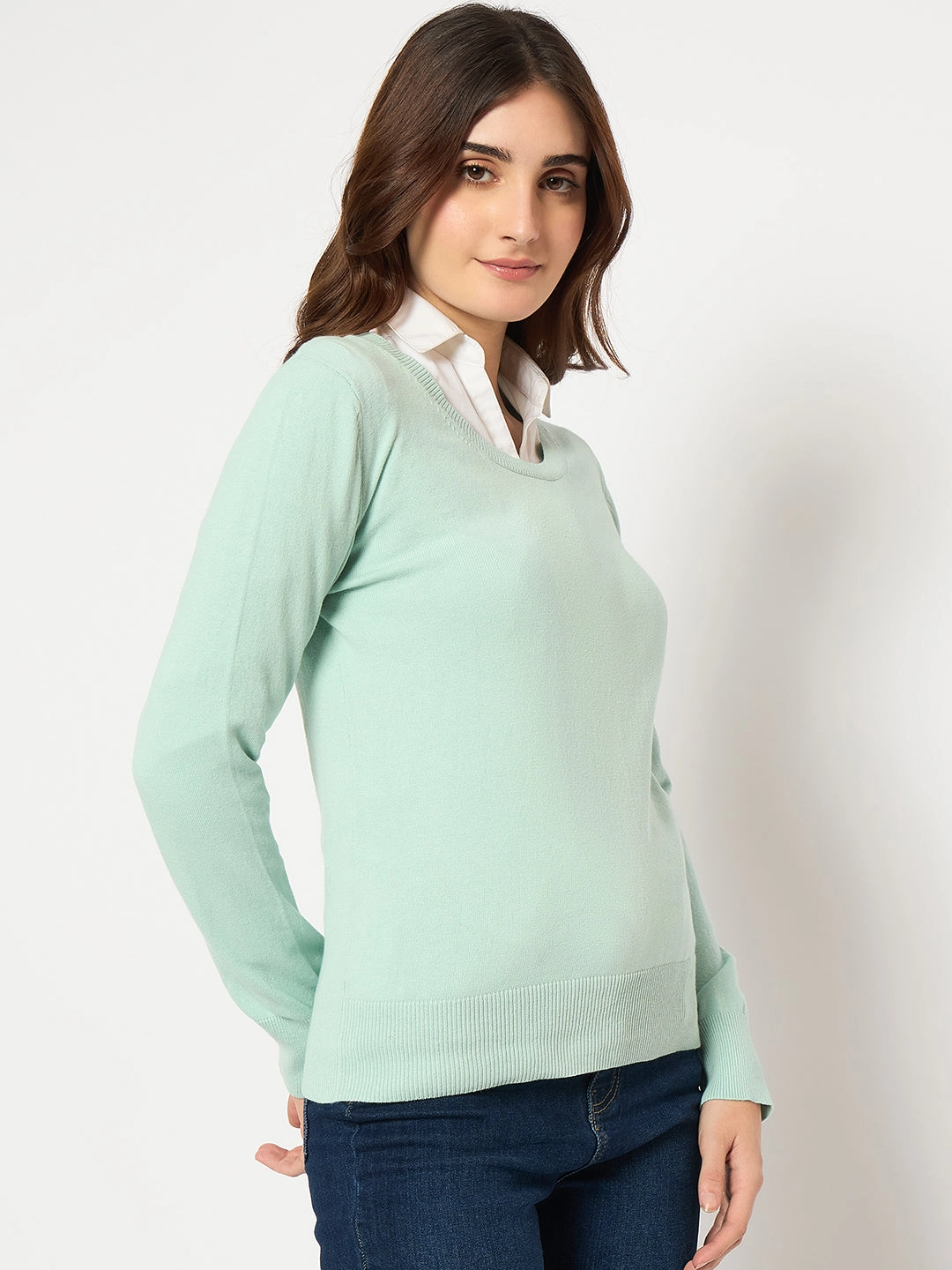 Comfy Warmth Cold Weather Outfit Madame Round Neck Ribbed Cuff Mint Green Sweater
