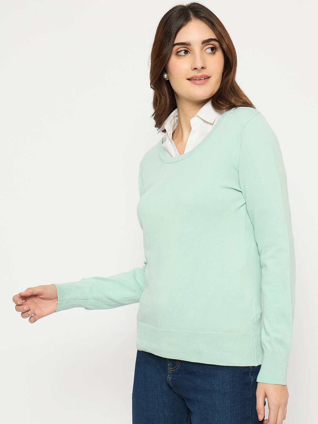 Simple Knit Madame Round Neck Ribbed Cuff Mint Green Sweater