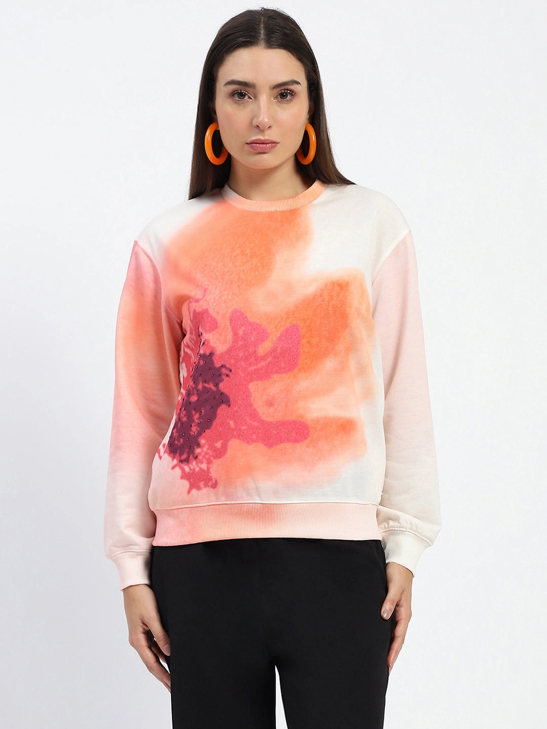 Madame Crew Neck Floral Print Beige Sweatshirt Minimalist Design