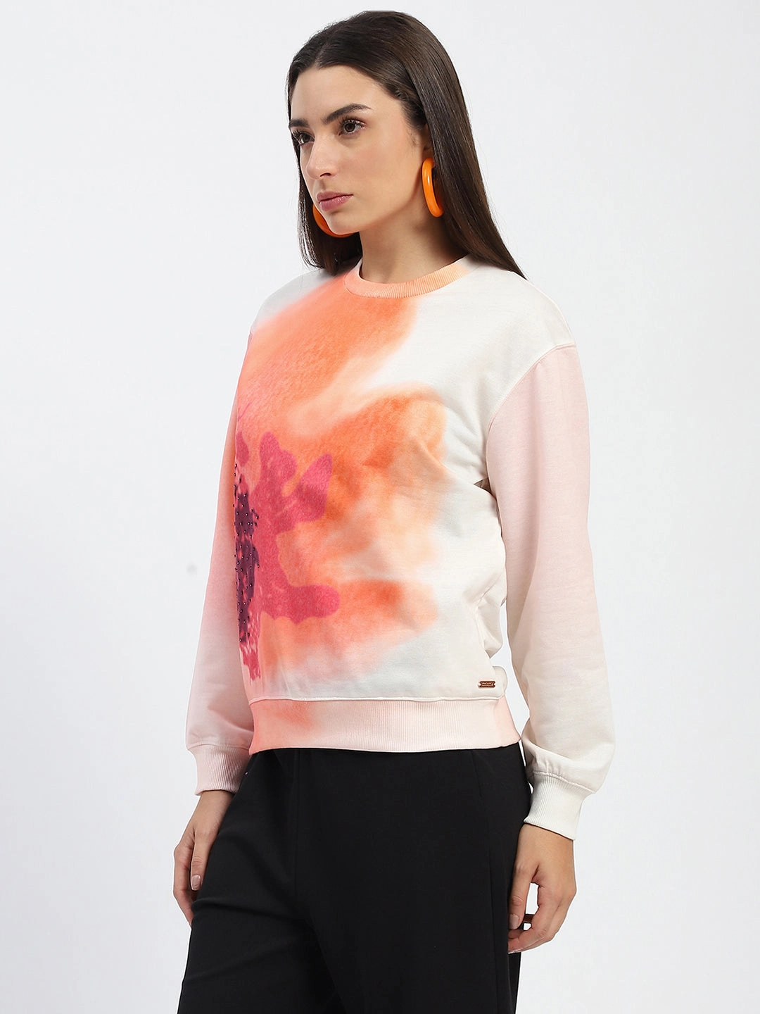 product return policy Madame Crew Neck Floral Print Beige Sweatshirt