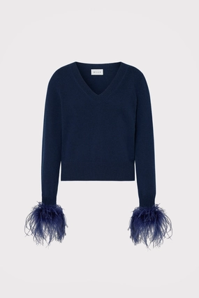 Feather Cuff V-Neck Sweater Modern Silhouette On-The-Go