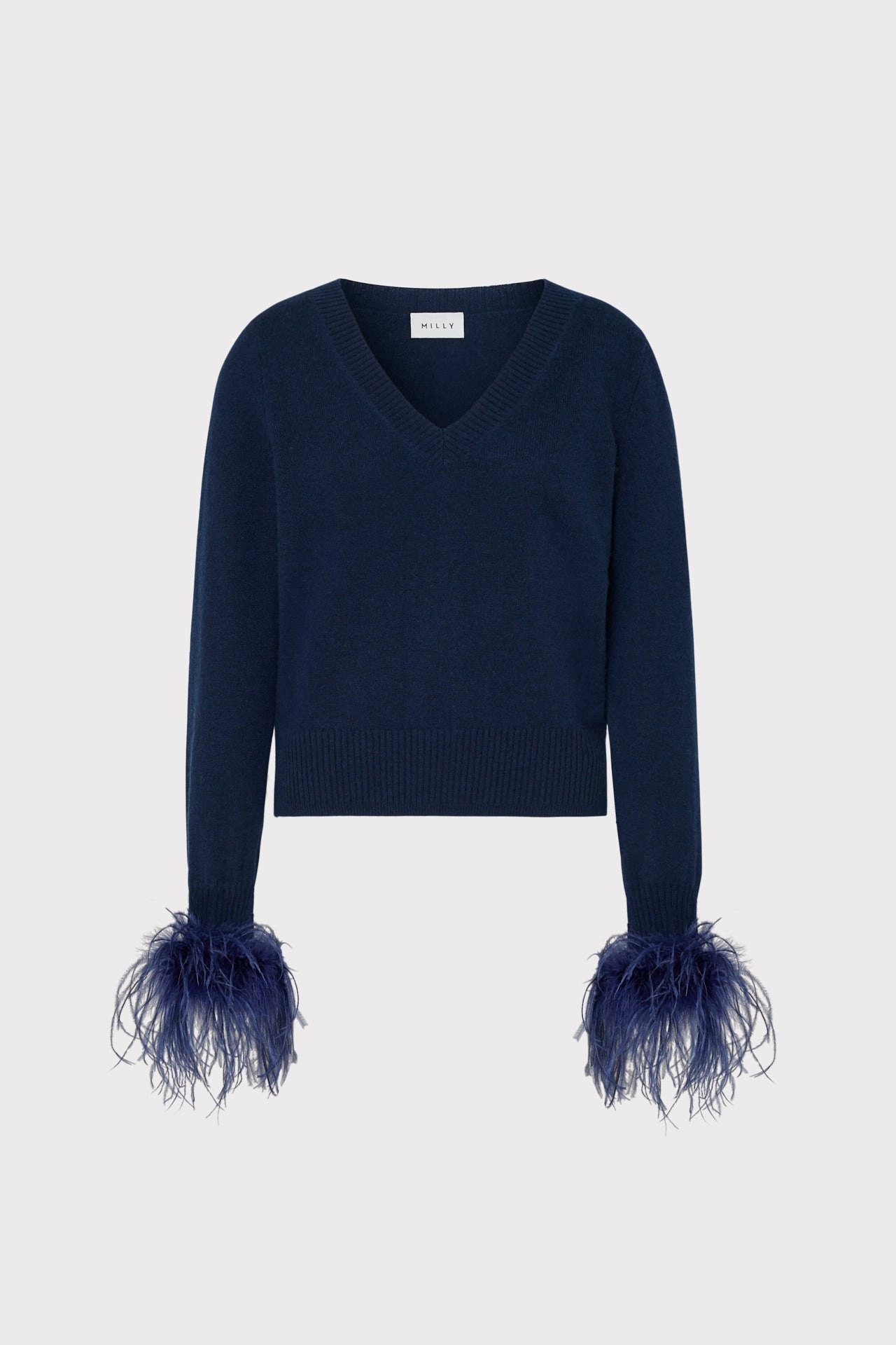 Feather Cuff V-Neck Sweater Modern Silhouette On-The-Go
