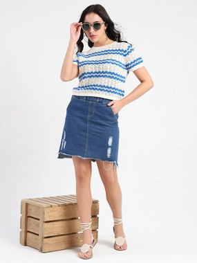 Madame Striped Crocheted Beige Cotton Crop Top Fray Resistant Edges Soft Brushed Finish