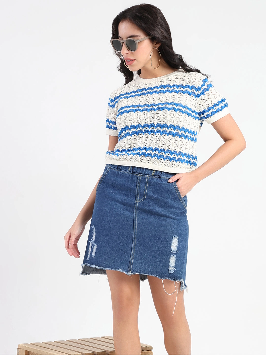 Madame Striped Crocheted Beige Cotton Crop Top Long Sleeve Polo